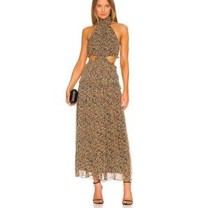 Shona Joy Paloma High Neck Cut Out Midi Dress in Olive Multi